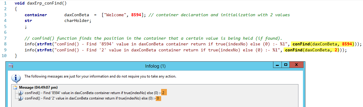Dynamics AX Container conFind Function
